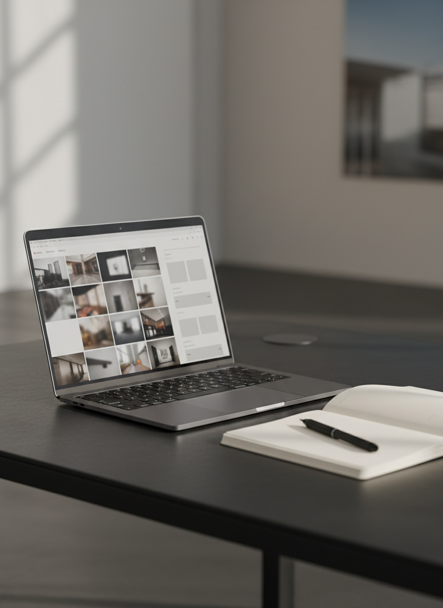 A sleek, modern workspace arranged as a refined portfolio overview scene. A slim, high-resolution laptop with a dark metallic finish displays an abstract grid of image thumbnails and clean layout blocks, suggesting diverse creative projects without readable text. The laptop rests on a matte black desk with subtle texture, accompanied by a minimalist notebook and a single fine-line pen. Soft, diffused daylight from an unseen window creates gentle reflections on the laptop screen and a smooth gradient of light across the desk. The background falls into a tasteful blur of neutral tones and geometric shapes, evoking a sophisticated studio. Photographic realism, shot at eye level with a shallow depth of field, communicates elegance, professionalism, and calm focus.