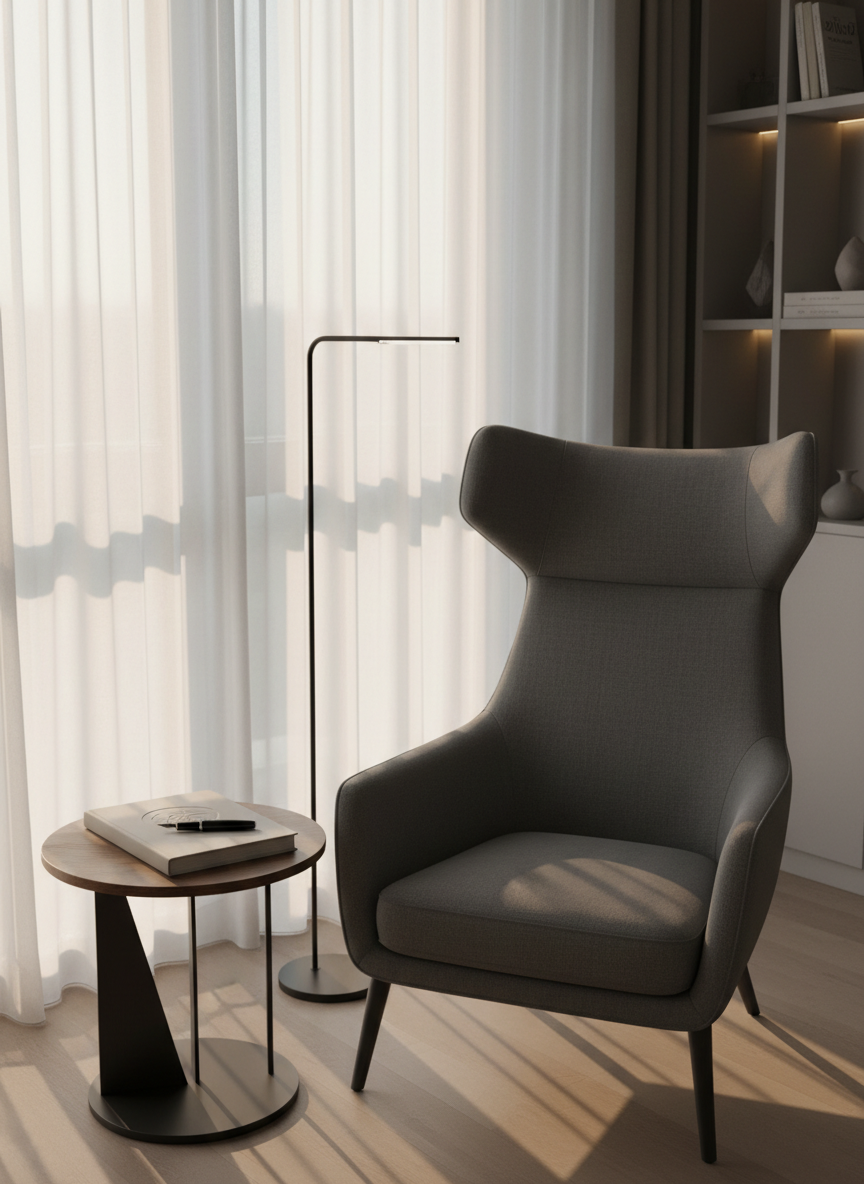 A refined “About Me” concept represented through elegant objects rather than a person: a high-backed modern chair in charcoal fabric, slightly angled beside a slender black floor lamp, stands near a tall window with sheer white curtains. On a nearby side table rests a closed linen-bound notebook with a subtle embossed emblem and a sleek fountain pen, symbolizing experience and personal narrative. Late afternoon natural light filters through the curtains, casting soft, elongated shadows and a warm glow on the scene. The background remains minimal, with a hint of a built-in bookshelf rendered as blurred geometric forms. Photographic realism, shot from a slightly elevated angle, creates a calm, introspective, sophisticated mood ideal for an About section hero image.