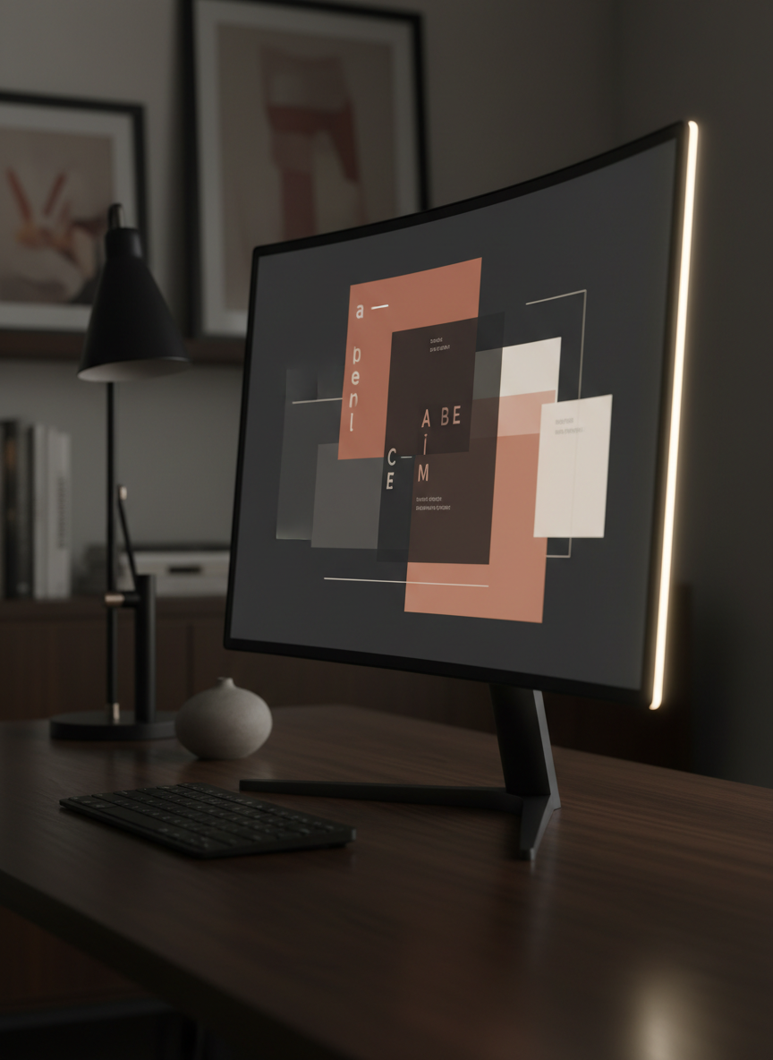 A dramatic close-up of a high-end monitor on a dark wood desk, showcasing a single featured project. The screen displays a full-bleed abstract interface mockup with clean lines, refined typography shapes, and a restrained color palette, carefully composed so no real words are legible. Around the monitor, subtle details like a compact wireless keyboard, a sculptural desk lamp, and a small, matte ceramic object suggest a tasteful creative studio. Focused, directional lighting from the right creates a gentle rim light along the monitor’s edge and rich shadows that add depth. The background fades into a soft bokeh of shelves and framed abstract artwork. Photographic realism, low-angle composition, and deep contrast convey confidence, expertise, and a gallery-like presentation of work.