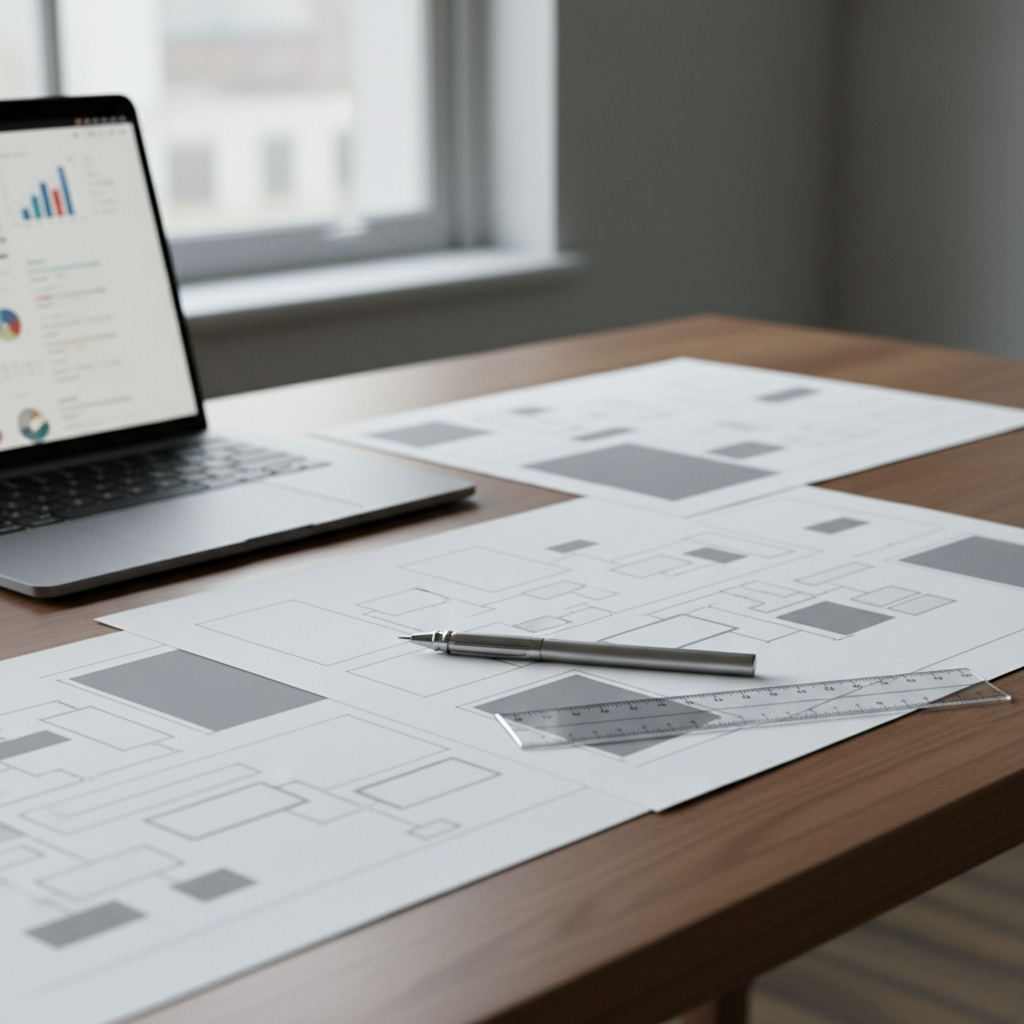 An elegant desk scene capturing the process behind portfolio work and experience. On a smooth, mid-tone wooden surface lie several large-format sheets with abstract wireframe sketches, minimal diagrams, and greyscale layout blocks, all intentionally unreadable yet clearly structured. A slim metal mechanical pencil and a translucent ruler rest across the papers, while an open laptop shows a blurred project overview dashboard. Cool, diffused daylight from a nearby window creates soft highlights on the pencil and gentle shadows in the paper creases. Photographic realism, shot from a slightly elevated angle with moderate depth of field, balances clarity of the foreground sketches with a subtle blur in the background, evoking thoughtful planning, precision, and sophisticated craftsmanship.