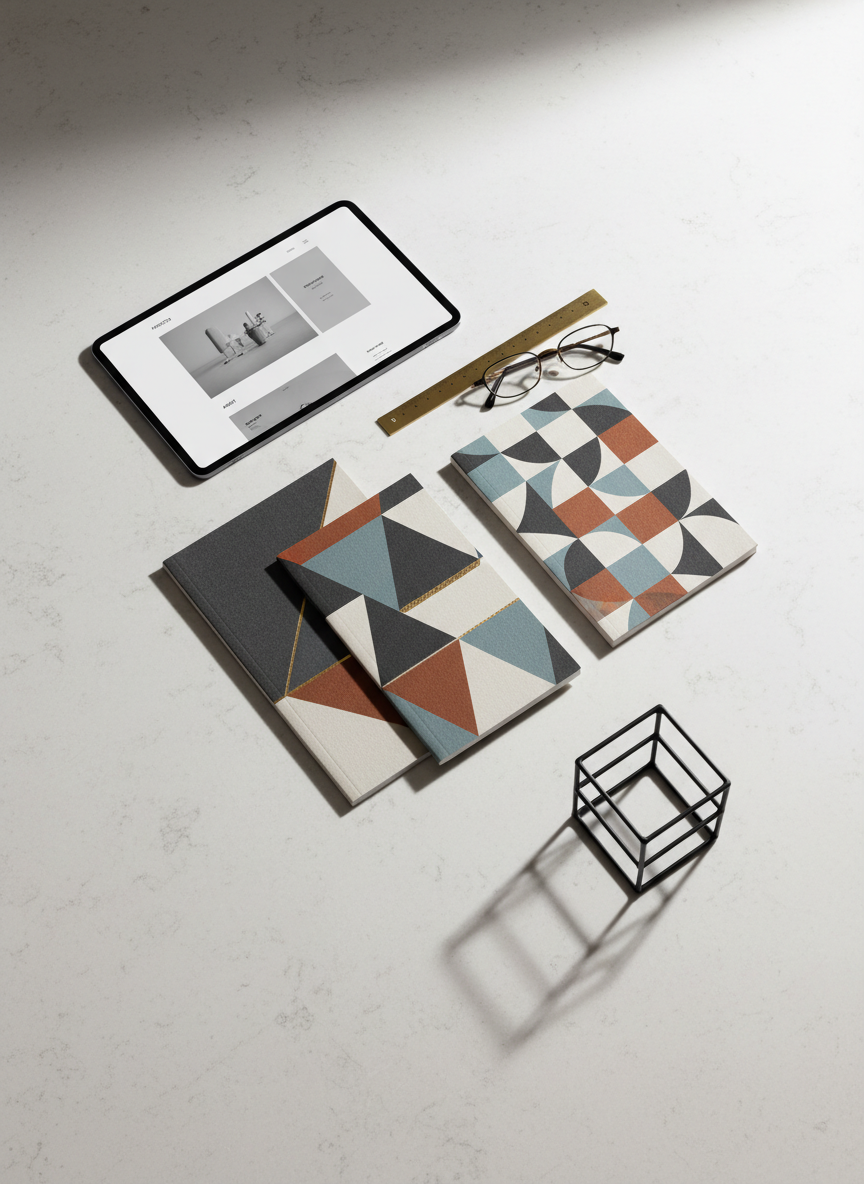 A meticulously arranged flat lay of curated portfolio materials on a wide, pale stone surface. A tablet with a thin bezel displays a monochrome homepage layout with large image blocks and balanced white space, while several premium-quality print mockups fan out beside it, showcasing abstract project covers with geometric patterns and muted colors. A minimalist metal ruler, a pair of designer spectacles, and a small architectural model cube provide subtle creative context. Soft studio lighting from the top left creates crisp yet gentle shadows, emphasizing texture in the paper and stone. The composition follows the rule of thirds, with sharp focus throughout, creating a photographic, sophisticated atmosphere suited to a high-end portfolio.