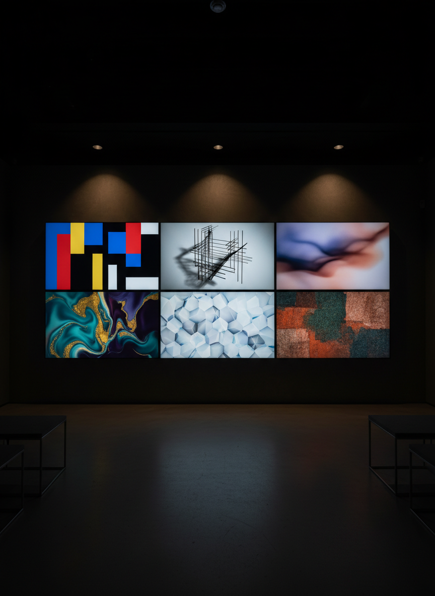 A gallery-style project showcase wall in a dimly lit, modern interior, designed to represent a portfolio of diverse work. Several large, frameless digital displays are mounted in a clean grid, each showing an abstract, visually distinct project: one with bold color blocks, another with monochrome architectural lines, another with soft gradient photography. No screen contains legible text or recognizable logos, only evocative shapes and compositions. Subtle recessed ceiling lights create pools of warm light on the wall, while the rest of the room stays in shadow, drawing attention to the work. Photographic realism with a wide-angle, straight-on view emphasizes order and sophistication, giving the impression of a private gallery exhibition of curated portfolio pieces.